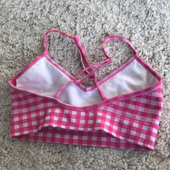 Longline sports bra/crop top. Pink plaid, adjustable cross straps - Picture 2 of 2